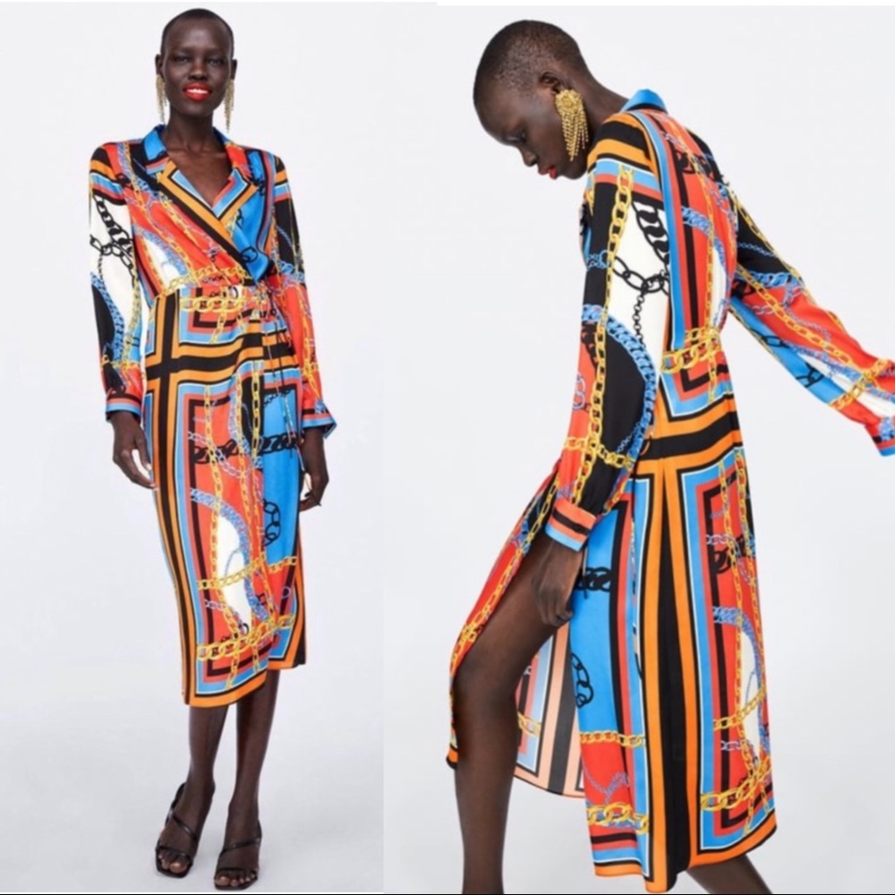 ZARA NWT BLOGGER FAVE Blue & Orange Chain Print Scarf Midi Shirt Dress Sz S - Picture 2 of 13